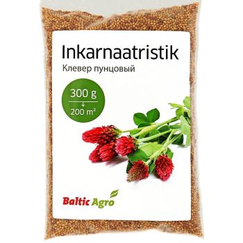 Läbipaistev kilepakend, mille sees on pruunid seemned. Pakendi esiküljel on etiketil nimi "Inkarnaatristik" ning pilt punaste õitega ristikutest, kaal 300 g, Baltic Agro logo.