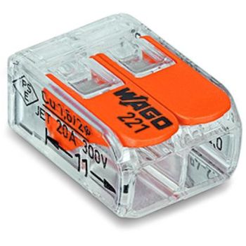Läbipaistev ruutkujuline plastist klemmiplokk oranži kangiga, musta tekstiga "WAGO 221" ülaosas ning tehniliste andmete märgistusega külgedel.
