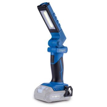 Sinine ja must kraaniga akulamp, millel on LED-valgusti reguleeritava nurga all ja mahukas akuosa põhjas.