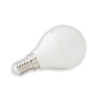 Valge LED-lamp E14 keermega, kerakujuline, läbipaistmatu plastikkorpus ja metallalus.