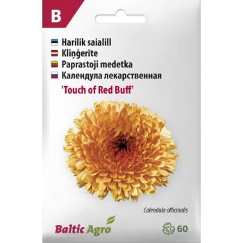 Pakendil on kujutatud suurt kollase-punasekirju saialille nimega 'Touch of Red Buff'. Pakend on mõeldud saialille seemnetele, mida müüb Baltic Agro.