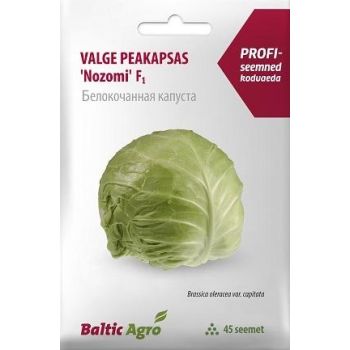 Pakendil on kujutatud üks roheline peakapsas. Toote nimi on 'Valge peakapsas 'Nozomi' F1', märgitud on ka bränd 'Baltic Agro' ja info, et pakis on 45 seemet.