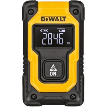 Kompaktne kollase ja musta korpusega DeWALT laserkaugusmõõtja, millel on ees LCD-ekraan mõõtmistulemustega ning keskel all paiknev suur ON-nupp. Ülaosas on DeWALT logo.