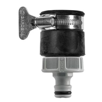 Universaalne hall-must liitmik metallist kangi ja rõngaga, mõõtmetega 15-20 mm, sobib Gardena süsteemidega.