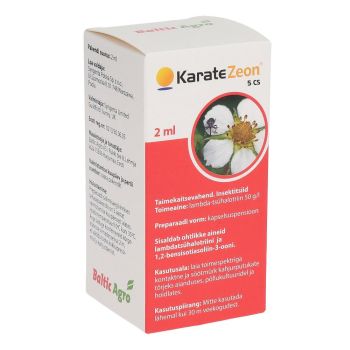 Karate Zeon 5cs taimekaitsevahend, 2 ml pakend. Valge pakend kollaste ja oranžide detailidega, sisaldab toote pealkirja ja kasutusjuhendit.