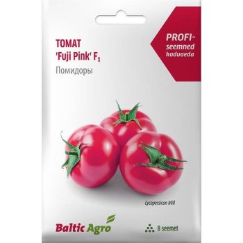 Pakend sisaldab kolme roosat tomatit roheliste vartega. Pealiskirjas on tekst 'TOMAT 'Fuji Pink' F1' ja logo 'Baltic Agro'.