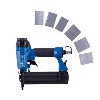 Sinise ja musta värviga suruõhuklamber ja naelapüstol, millel on must käepide. Kaasas on kuus erineva suurusega klambrite ja naelte komplekti, mis on paigutatud poolkaarena tööriista kohal.