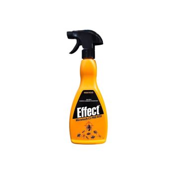 Kollane plastpudel musta pihustiga, sildil tekst 'Effect' ja pilt putukatest. Mahutavus on 500 ml ja see on mõeldud putukatõrjeks.