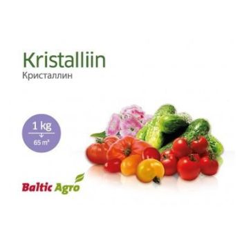 1 kg Kristalliin pakend sisaldab erinevaid värskeid köögivilju, nagu tomatid, kurgid ja paprikad, ning on märgistatud kaubamärgiga Baltic Agro.