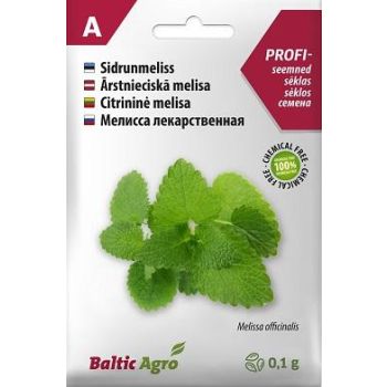 Pakendil on kirjeldatud 0,1 g sidrunmelissi seemneid, millel on kujutatud roheline sidrunmelissi taim. Tootja on Baltic Agro.