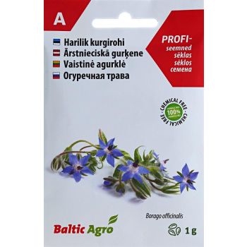 Pakend sisaldab 1 g hariliku kurgirohu seemneid. Valgel taustal on kujutatud sinised kurgirohu õied ja lehed. Toode on mõeldud aiatöödeks ning pakendilt leiab mitmekeelse tooteinfo.