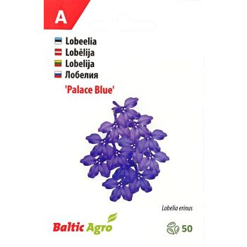 Lobeelia 'Palace Blue' seemnepakend, millel on sinilillade õite kujutis. Pakendil on tekstiosa neljas keeles ning Baltic Agro logo.