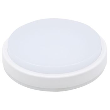 Ümmargune valge LED laevalgusti, millel on matt pinnakattega kuppel ja ühtlane raam. Seade on kompaktne ning selle korpus ja kuppel on täielikult valged.