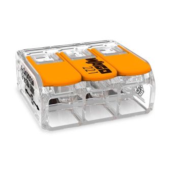 Läbipaistev plastikust kolmele juhtmele sobiv elektriline universaalklemm oranžide vajutustega, mille ülaosas on musta kirjaga tähistus: Wago 221.