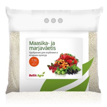 Valge pakend, 4 kg maasika- ja marjaväetis Baltic Agro, mille esiküljel on eri marjade pildid.