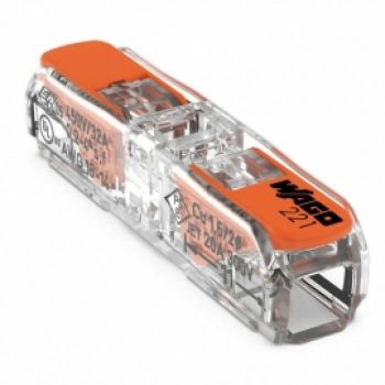 Läbipaistev plastmassist elektriühenduse klemm oranži avatava hoovaga, ühe ühenduspunktiga ja kompaktse pikliku kujuga, mille ühel küljel on Wago logo ja mudelinumber.