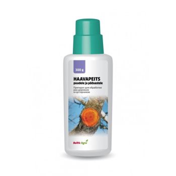 300 ml haavapeits plastpudelis, valgel taustal, sinise kaanega. Pildil on puuoksal istuv lind ja apelsin.