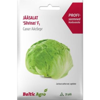 Valge seemnepakend, mille keskel on roheline jääsalati pea foto, ülal vasakul punane etikett ja pakendi all nurgas kirjad Baltic Agro ning 20 pilli ikoon.