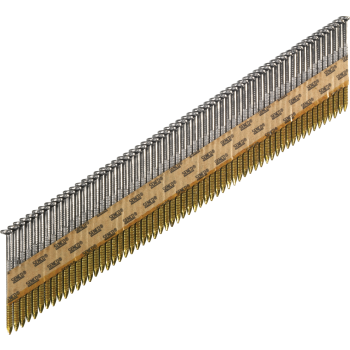 Pildil on 34-kraadise nurga all kinnitatud kammnaelad, mille läbimõõt on 2,9 mm ja pikkus 65 mm, metallist varred ning kollaka paberriba abil ühendatud, ümardatud peadega.