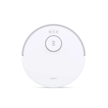 Valge ümmargune robottolmuimeja, millel on peal keskne nupp ja kolm väiksemat, ikooniga nuppu. Sile plastkorpus ning esiosas väike logo.