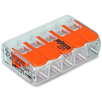 Läbipaistev plastist, viie pesaga klemmiühendus, millel on oranžid kangid ja must kiri "WAGO 221" peal.