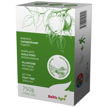 Kanister roheliste elementide ja valgete taimekujutistega, etiketil tekst: 'Viljapuude pritsimise komplekt 750 g' ja Balti Agro logo.