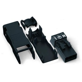 Neli musta plastikust Wago Winsta Mini pistikuosa, erineva kujuga ja detailidega, sh klemmidega, plokkosa ning kaaned, paigutatud lahtiselt valgele taustale.