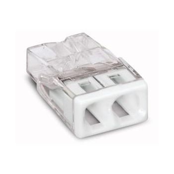Läbipaistev ja valge kahe auguga elektriühenduse klemmi plokk, ruudukujuline, valmistatud plastikust, mõeldud kaablite ühendamiseks.