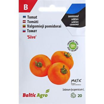 Pakendil on kujutatud kolme küpset tomatit ning teave tomatisordi 'Siive' kohta, mida müüb Baltic Agro. Pakend sisaldab 20 tomatiseemet.