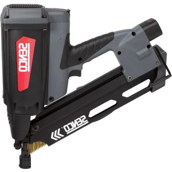 Must ja hall gaasinaelapüstol, millel on punase ja valge logoga korpus, relvakujuline käepide ning metallist küünesalv eesosas. Nähtavad on detailsed kinnitusmehhanismid ja padrunipesa.