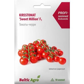 Valge seemnepakend, mille keskel on punaste kirsstomatite kobarad roheliste vartega. Pakendil on punane nurgasilt ja kirjeldav tekst, allääres Baltic Agro logo ja seemnete kogus.