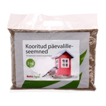 Läbipaistev plastpakend, mis sisaldab kooritud päevalilleseemneid ja kaalub 3 kg. Pakendil on etiketil pilt ja tooteteave.