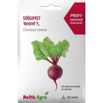 Pakendil on kujutatud 'Kestrel F1' sorti söögipeedi seemnete pakendit, millel on peedi fotorealistlik pilt koos roheliste lehtedega. Pakend sisaldab 300 seemet.