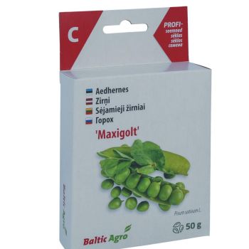 Pakend on valge ja punase disainiga, millel on kujutatud rohelisi herneid. Etiketil on kirjas 'Maxigolt', toote kaal on 50g ja brändiks on Baltic Agro.