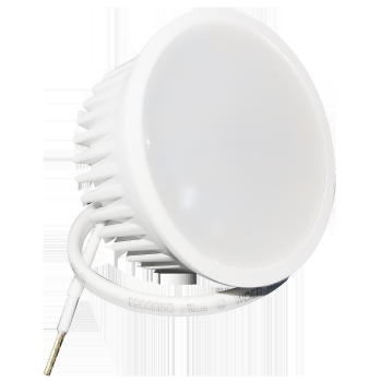 Valge ümmargune LED-moodul, matt esikate, soontega jahutusribid tagaküljel ja üks ühenduskaabel, sobib GU10 sokliga valgustitele.