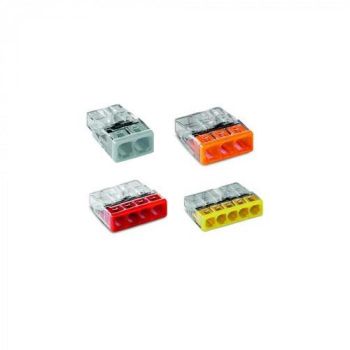 Neli eri värvi plastikust ühendusklemmiplokki, igal plokil on erinev arv ühendusavasid; klemmid on hallid, oranžid, punased ja kollased.