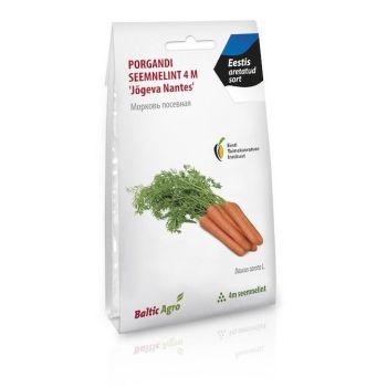 Valgel pakil on kujutatud rohelist porganditaime ja oranže porgandeid. Sinisel ribal on tekst "Eestis sorteeritud". Pakendil on tekst "Porgandi seemnelint 4 M Jõgeva Nantes".