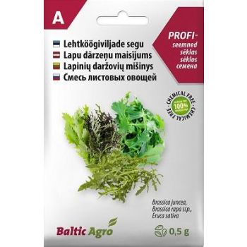 0,5 g erinevate lehtköögiviljade seemnete pakk Baltic Agro brändilt, mis sisaldab mitmekesist lehtköögiviljade segu, mida saab kasutada erinevate salatite ja roogade valmistamiseks.