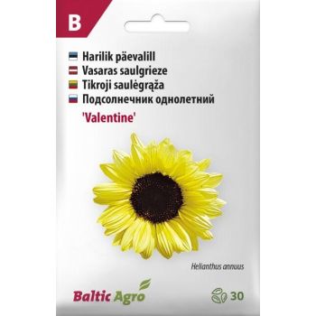 Päevalille 'Valentine' seemnete pakendil on kujutatud üksik kollane päevalill tumeda südamikuga. Pakendil on mitmekeelne tekst ja Baltic Agro logo.