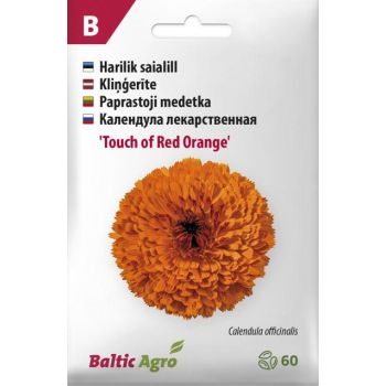 Pakendil on kujutatud oranži värvi 'Touch of Red Orange' saialille seemnete pakike.