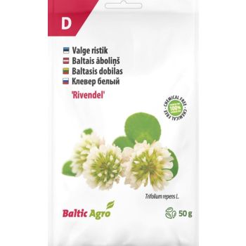 Valge värviga ristikheina seemnete pakend, kaaluga 50 g, kaubamärgilt Baltic Agro. Pakendil on kujutatud ristikõisi ja lehti.