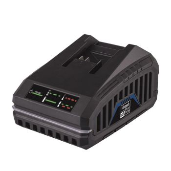 Must plastikust kiirlaadija, millel on kaldus laetuspesaga ülemine osa, esiküljel valgusindikaatorid ja külgedel ventilatsiooniavad.