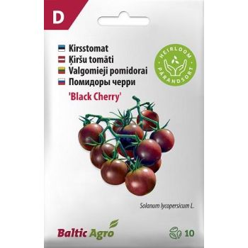 Pakendil on kujutatud 'Black Cherry' kirsstomatite seemneid, millelt kasvavad tumepunased tomatid roheliste varte küljes. Pakendil on mitmekeelne kirjeldus ja ökomärgis.