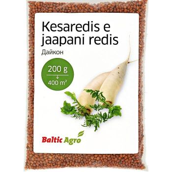 Jaapani redise 'Kesaredis' seemnepakend (200g), pildil on kujutatud piklik valge redis ja rohelised lehed.