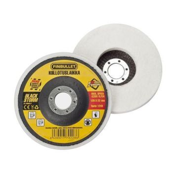 Ümmargune, 125 mm läbimõõduga valge vildist poleerimisketas, metallist avaga keskel ja ühelt küljelt kollane tootemärgistusega etikett.