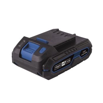 Must ja sinine ristkülikukujuline 20V liitiumioonaku, mille mahtuvus on 2,0 Ah, plastkorpus ja mille küljele trükitud sildil on selgelt märgitud tehnilised andmed.