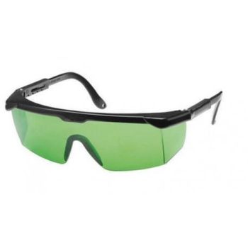 Mustade raamidega laseri kaitseprillid rohelise, ühtse läätsega, laia kaarega ja sirgete sildadega.