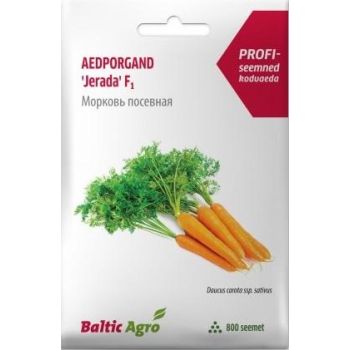 'Jerada F1' porgandiseemnete pakendil on kujutatud oranže porgandeid ja rohelist lehestikku. Pakendil on tekst 'Baltic Agro' ja teave 800 seemne kohta.