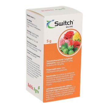 Switch 62.5WG taimekaitsevahendi pakend on valge ja oranži kujundusega, esiküljel pildid taimedest ja teave toote kasutamise kohta jahukaste tõrjeks. Pakendi kaal on 5g.
