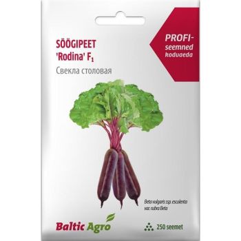 Peedi seemnete pakend 'Rodina' F1 sisaldab 250 seemet. Pakendil on kujutatud peeditaime pilt koos juurte ja lehtedega, märgistatud Baltic Agro kaubamärgiga.